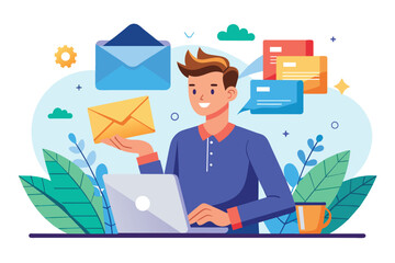 A man holding a white envelope and a laptop, possibly receiving contact or important information, man is receiving contact from via email, Simple and minimalist flat Vector Illustration