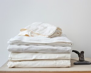 Professional commercial laundry equipment with stack of clean sheets on white background