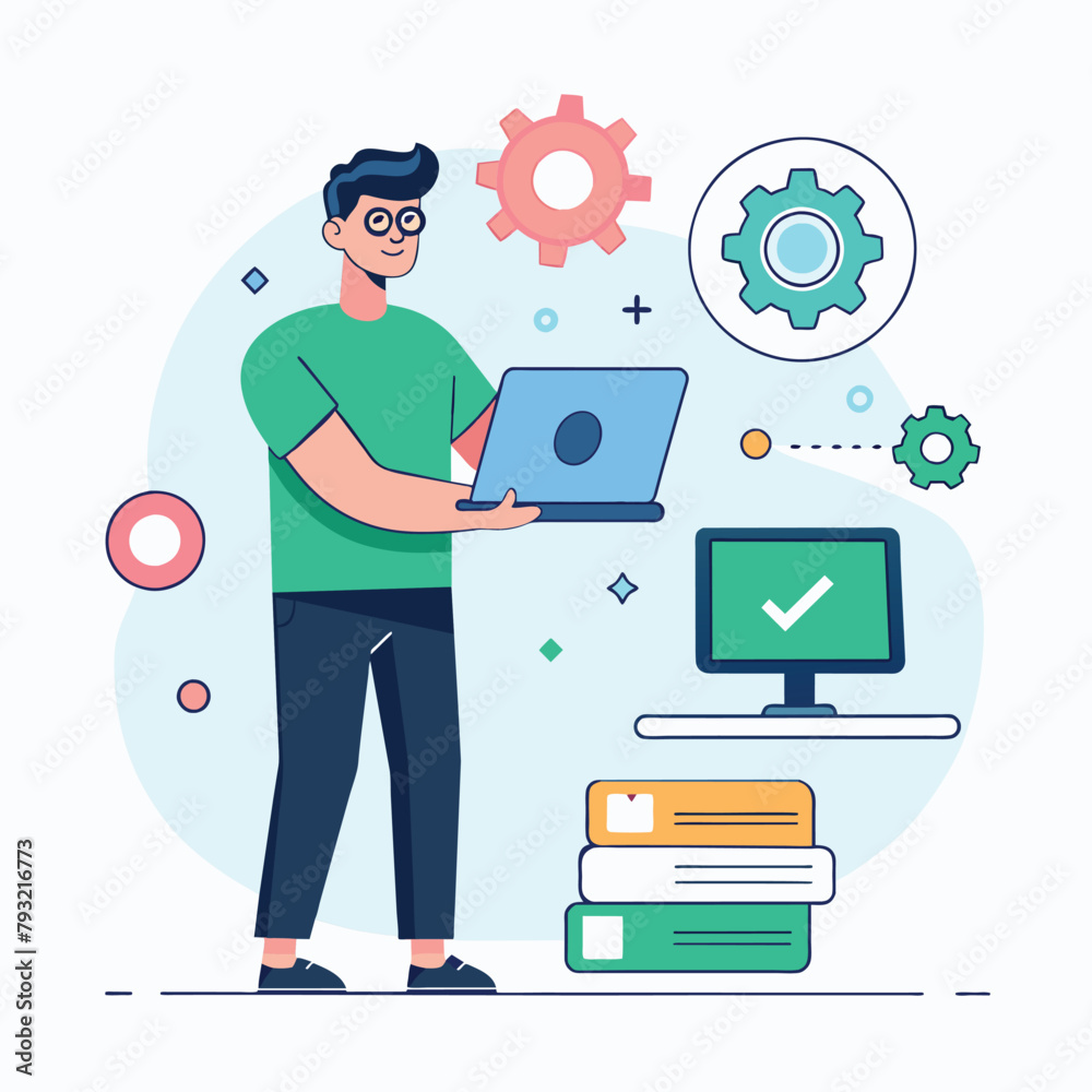 Wall mural a man stands in front of a laptop, focusing on updating software, man is updating device software, s