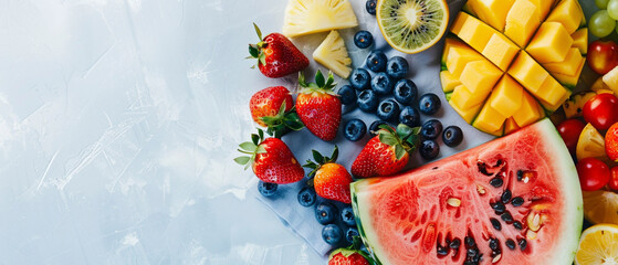 top view of fresh fruit of many different varieties with copy space, white background, banner