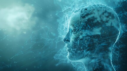Transparent human head with a brain in 3d space. Blue abstract futuristic medicine, science and technology background illustration. Depth of field settings. 3D rendering