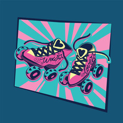 Pair of vintage roller skates 80s style. Sketch style girlish roller skates print. Comics style shoes