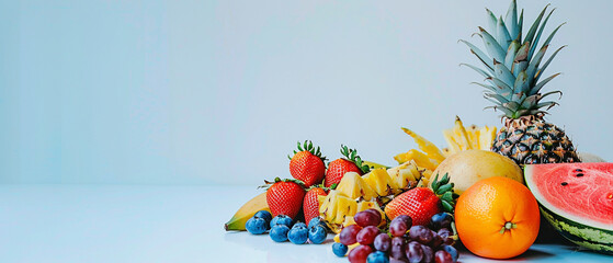 top view of fresh fruit of many different varieties with copy space, white background, banner
