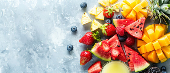 top view of fresh fruit of many different varieties with copy space, white background, banner