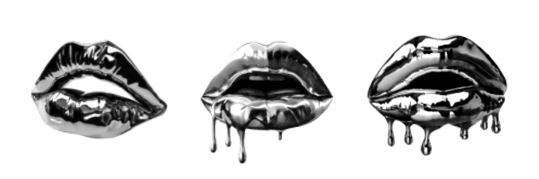 Halftone chrome lips set, vector y2k melt drip mouth, retro bitmap collage vintage print collection. Futuristic grain dot photocopy effect, glossy metal object, contemporary pop art. Halftone lips