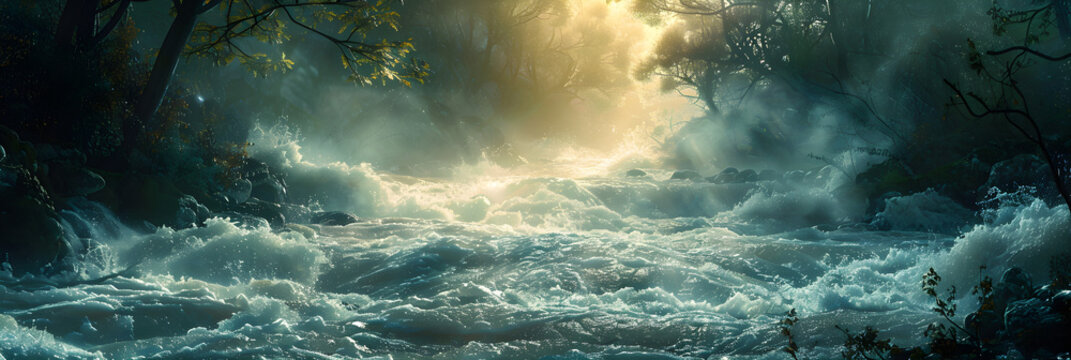 A raging river with strong flowing water creating an emotional feeling of power and danger. Suitable for outdoor adventure and exploration themes.