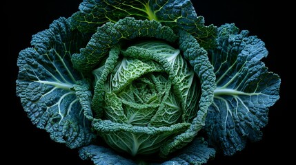 Obraz premium A lettuce head against black backdrop, green leaf plant centrally framed