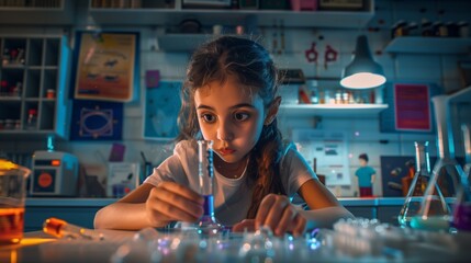 A diligent student girl is conducting a science experiment in a well-equipped classroom lab, her eyes wide with anticipation as she adds a solution to a test tube.