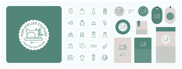 Identité graphique pour couturière, couturier, retouche de vêtements, réparation et vente, marché aux puces de machines à coudre anciennes, atelier de couture, cours de couture, créateur, modéliste,  © annecelinemoisan