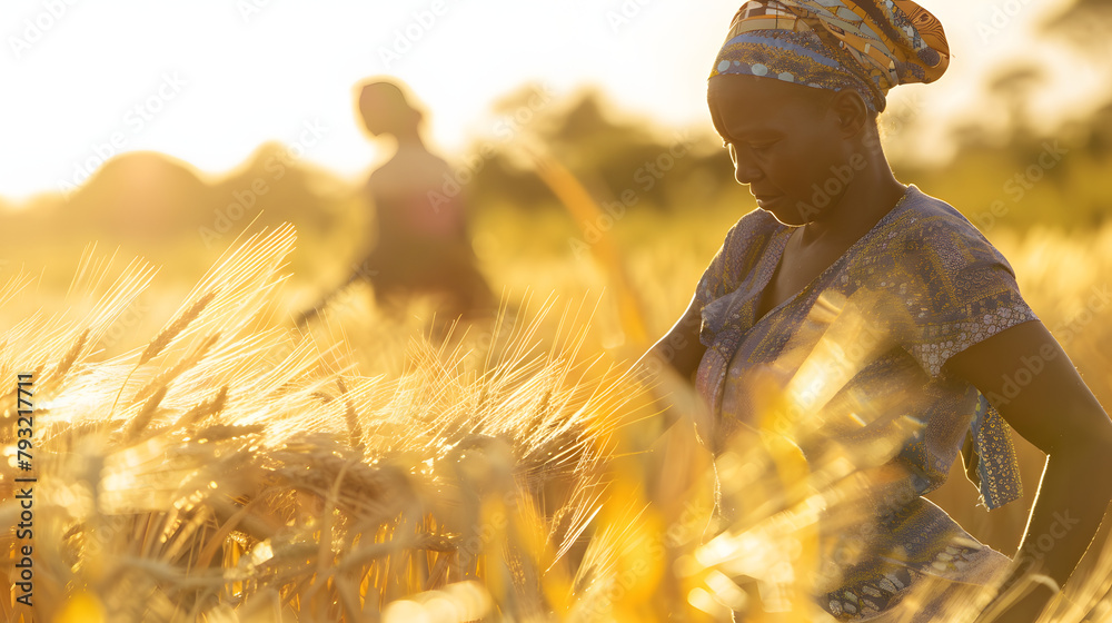 Sticker African women harvesting wheat by hand in a sunny field embodying the essence of manual agriculture work.