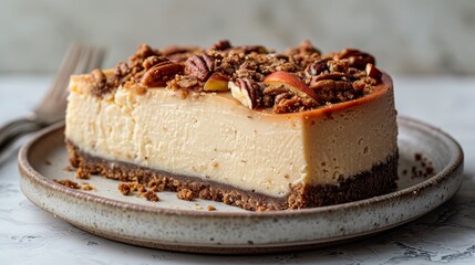   A slice of cheesecake topped with pecans sits on a plate A fork rests beside it - obrazy, fototapety, plakaty