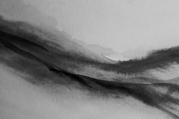 Ink watercolor hand drawn smoke flow stain blot landscape on wet grain paper texture background. Black and white colors.
