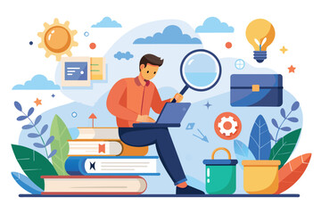 A man sitting on a stack of books, examining them with a magnifying glass in hand, man looking for knowledge on the internet, Simple and minimalist flat Vector Illustration