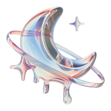 3D glass moon icon, y2k pink holographic crystal glossy lunar shape, pink romantic transparent star. Futuristic fluid galaxy sign, mystic liquid sky kawaii sign, melt droplet effect. Space 3D moon