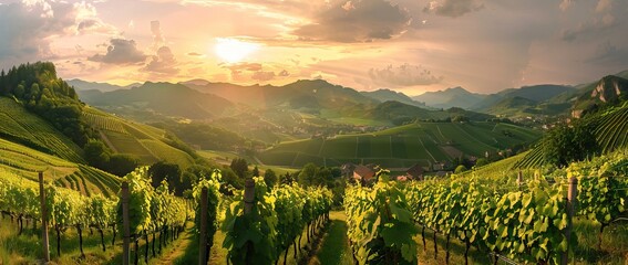 Extra wide panoramic shot of a summer vineyard shot at sunset. AI generated illustration