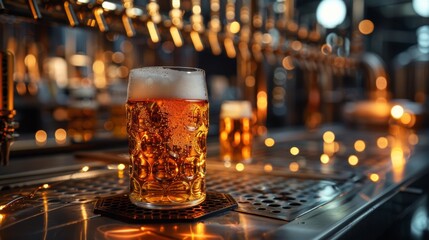 A close up of a glass full of beer sitting on top of some bars, AI