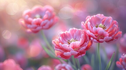 Obraz premium A field's center blooms with a multitude of pink flowers against a softly blurred backdrop of bright light