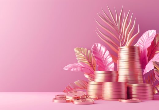 Creative 3D illustration depicts financial concepts like market movement, bank deposit, profit, money management, investing, trend trading on pink background