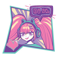 Anime girl poster, headphones with cat ears. Big heart and text COOL on speech bubble. Fashion manga girl smiling and listen music. School girl print for t-shirt