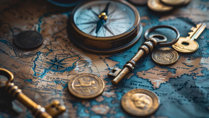 An antique map with an old compass coins and keys lying on it - Powered by Adobe