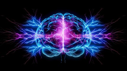 Graphic representation of brain power or neurology, featuring a frontal view of the brain with a lightning effect.