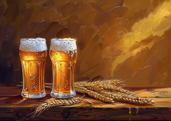 Two glasses of beer and wheat on a wooden table, one with foam and the other without In the background is a golden color Generative AI