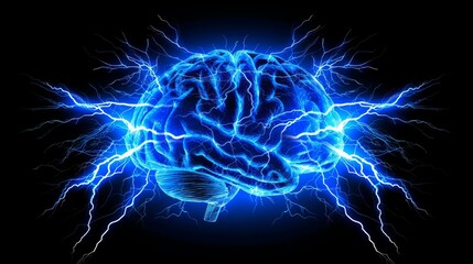 Graphic representation of brain power or neurology, featuring a frontal view of the brain with a lightning effect. - obrazy, fototapety, plakaty