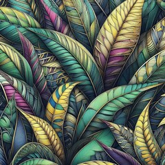 An intricate and colorful pattern of tropical leaves with various types of leaves including palm and banana leaves, rendered in rich jewel-tone colors like purples, greens, blues, and golds, detailed 
