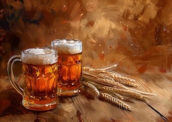 Photo of two mugs with beer and wheat on a wooden table against a brown background Generative AI - obrazy, fototapety, plakaty