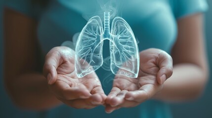 Human hands holding lung organ symbol. Awareness of pneumonia, asthma, COPD, pulmonary hypertension, world no tobacco day and eco air pollution. Respiratory and chest concept