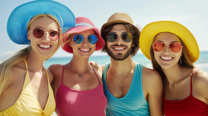joyful, happy young people in colorful beachwear and wide-brimmed hats enjoying a beach day, illustration