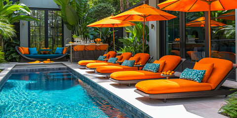 Fototapeta na wymiar Luxurious poolside retreat with vibrant tropical accents
