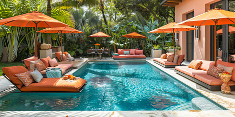 Elegant outdoor pool area with chic tropical-inspired decor under the shade of vibrant orange umbrellas