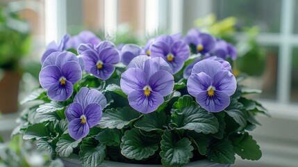   A tight shot of a potted plant blooming with purple flowers, situated in front of a window Behind, more potted plants are visible