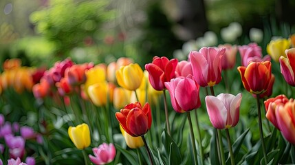 Obraz premium Vibrant tulips pop against the lush green backdrop of the garden