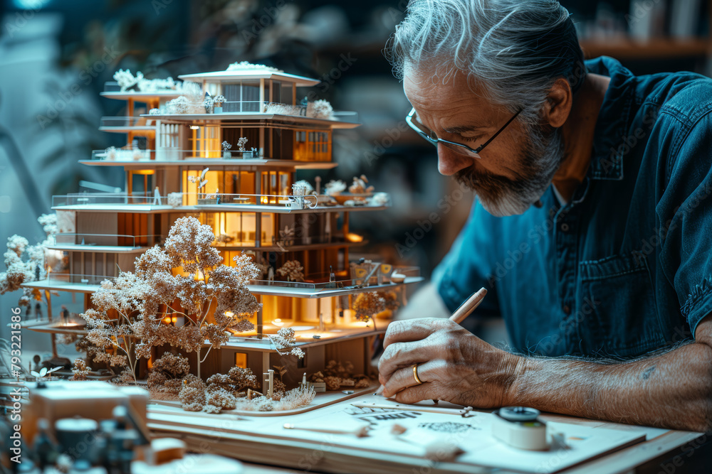 Poster an architect designing innovative structures that harmonize with the environment, blending form and 