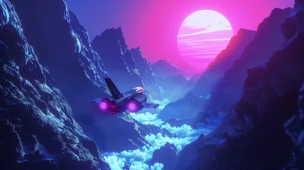 Zelfklevend Fotobehang Retro-style arcade spaceship gliding through a blue corridor or canyon landscape, adorned with 3D mountains, evoking 80s synthwave aesthetics. © Tahir