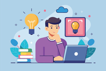 A man sitting at a desk, working on a laptop computer, man thinking about ideas with cartoon light bulb on computer screen, Simple and minimalist flat Vector Illustration