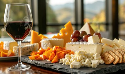 A cheese board accompanied by a glass of red wine