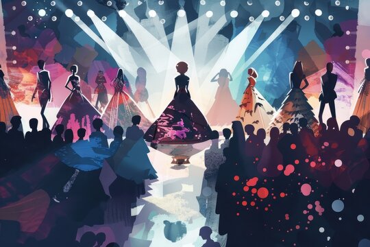 illustration of a female models walking in a fashion show catwalk wearing elegant dress