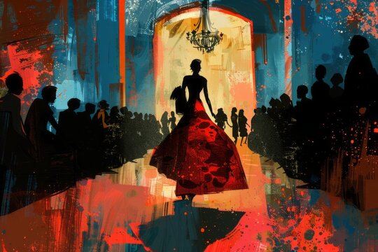 illustration of a female models walking in a fashion show catwalk wearing elegant dress