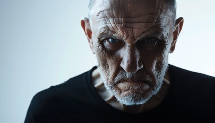 Create an artistic interpretation of an angry senior man looking at the camera, depicted in a studio shot.