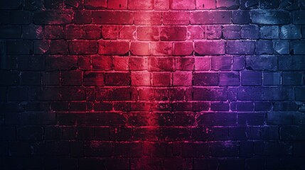Vibrant multicoloured brick wall illuminated with neon purple and pink glow.