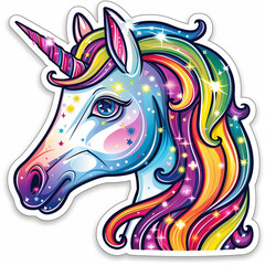 sticker of a unicorn with rainbow mane, sparkling, magical aura, vibrant colors