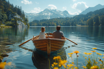 A family enjoying a leisurely boat ride on a serene lake, soaking in the peaceful atmosphere and serenity of the water. Concept of relaxation and tranquility during vacation. Generative Ai.