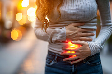 A woman with gastrointestinal complaints and stomach pain standing outside in nature