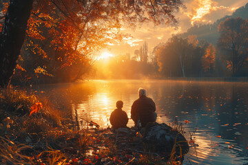 Grandparents, parents, and grandchildren enjoying a relaxing day of fishing on a tranquil riverbank, sharing stories and casting lines. Concept of peaceful family pastimes in nature. Generative Ai.