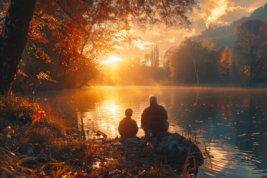 Grandparents, parents, and grandchildren enjoying a relaxing day of fishing on a tranquil riverbank, sharing stories and casting lines. Concept of peaceful family pastimes in nature. Generative Ai.