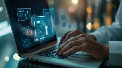 Business concept. Businessman scanning electronic documents. Administrator analyzing document management system.