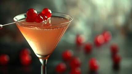   A martini, closely framed in a glass, features a cherry atop as garnish